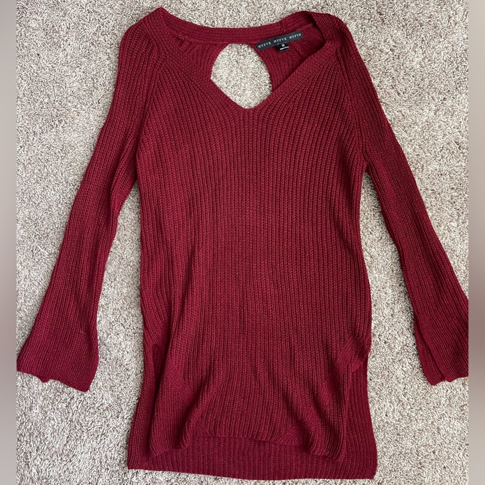 Red Knit V-Neck Sweater by HYFVE
